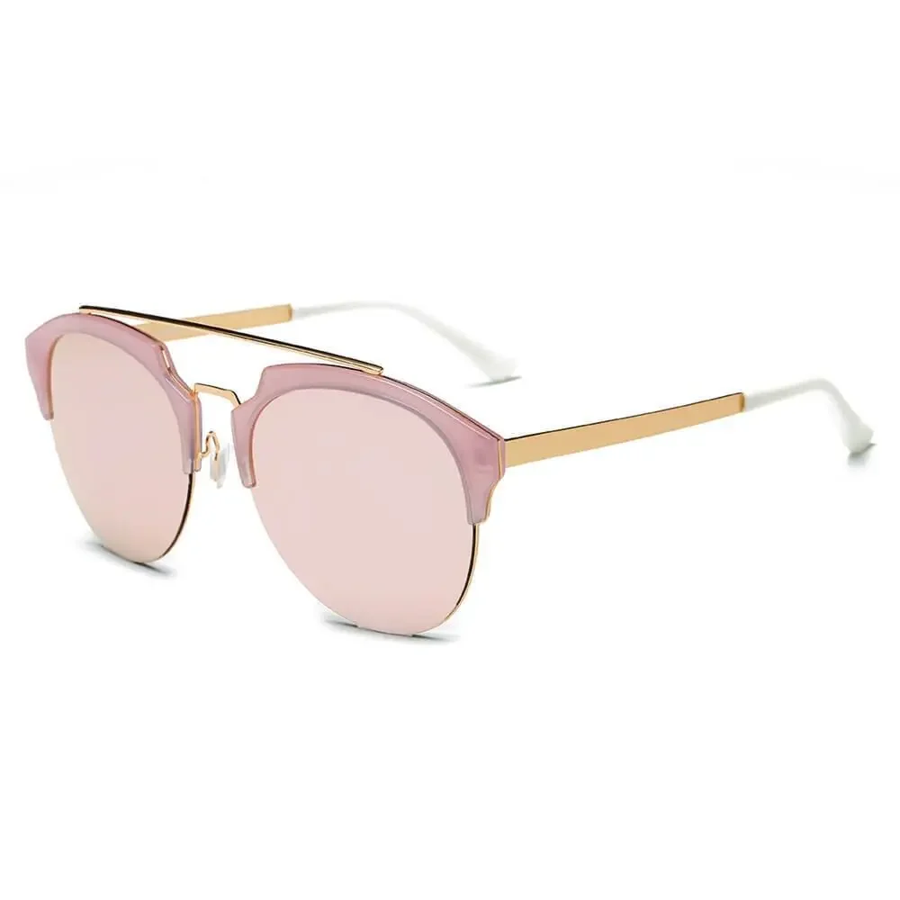 Womens Pink Mirrored Cat Eye Sunglasses Gold Tone Half Frame UV400